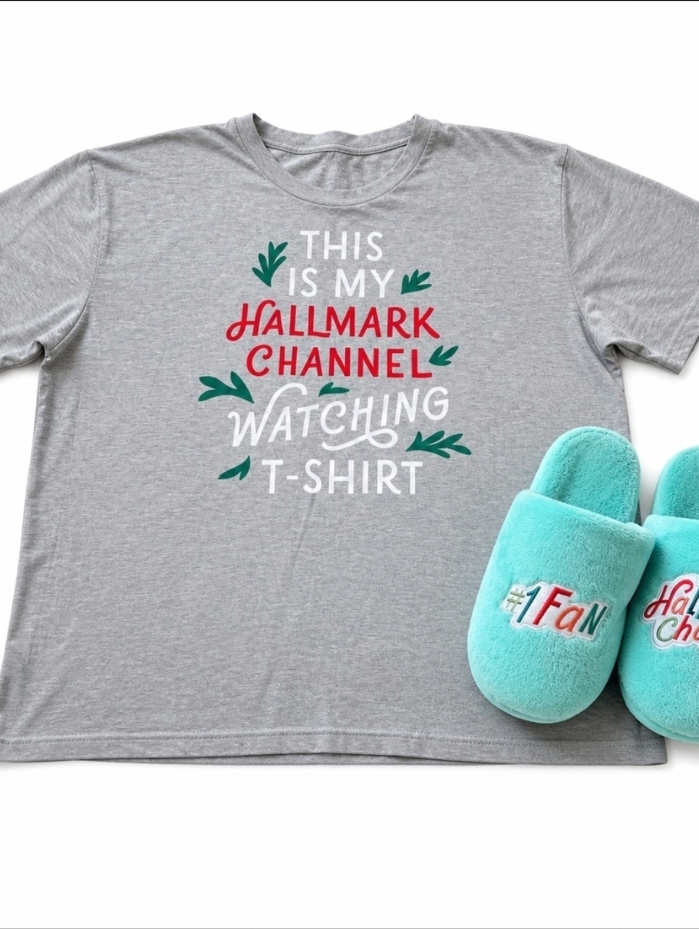 Hallmark Channel T-Shirt + Plush Slippers Set XXL Gray Cozy Lounge set